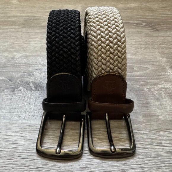 2-Pack Original Penguin Braided Stretch Belts with Leather Accents, Black & Tan - Picture 1 of 6